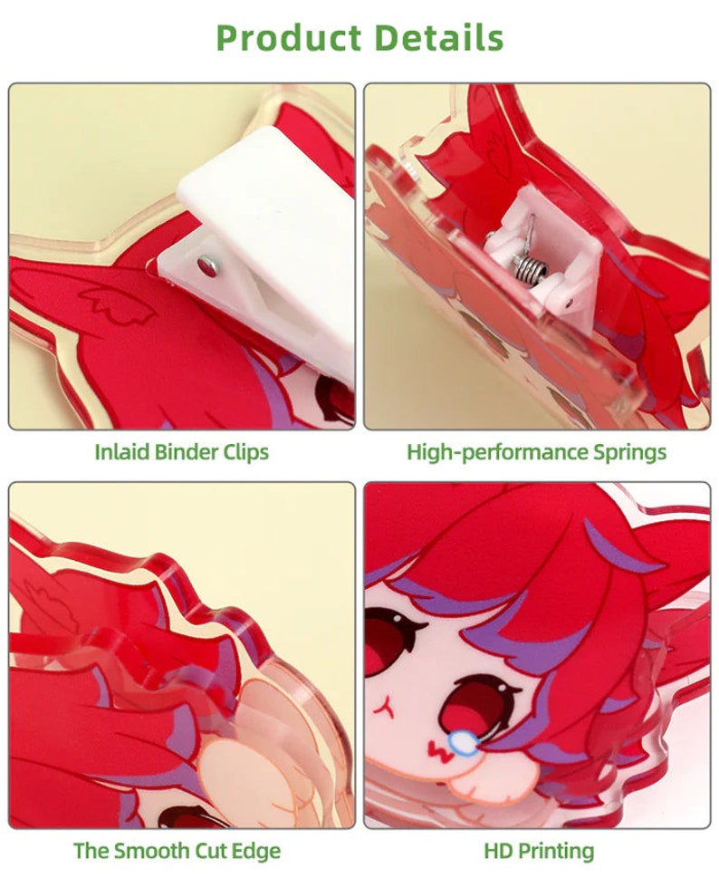 May include: Binder clips with a red anime-style character design. The clips have white plastic components and metal springs. The image shows close-ups of the clips, highlighting the smooth cut edge, HD printing, and inlaid binder clips.