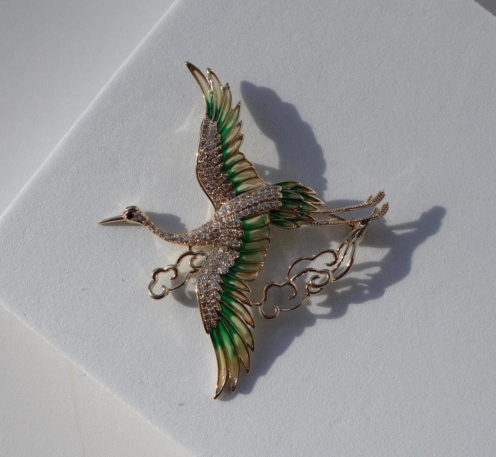 Bird crane Brooch Copper Jewelry Green Crane Cloud Brooches Inlaid Zircon High Quality Clothing Lady Pins Gift brosche Christmas Gift