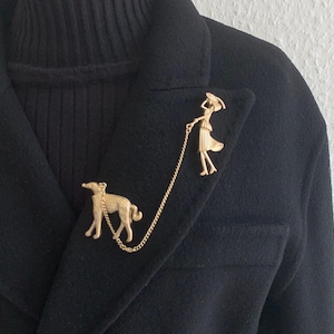 Gold Color Dog Fan Unique Women And Puppy Brooch Vintage style Brooch dog fan party wedding rare find Brosche Hund Christmas gift