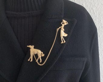Gold Color Dog Fan Unique Women And Puppy Brooch Vintage style Brooch dog fan party wedding rare find Brosche Hund Christmas gift