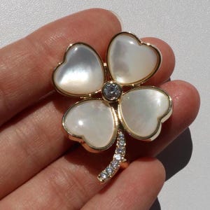 Four Leaf Clover Brooch: Brass & Zircon Lucky Charm Pin