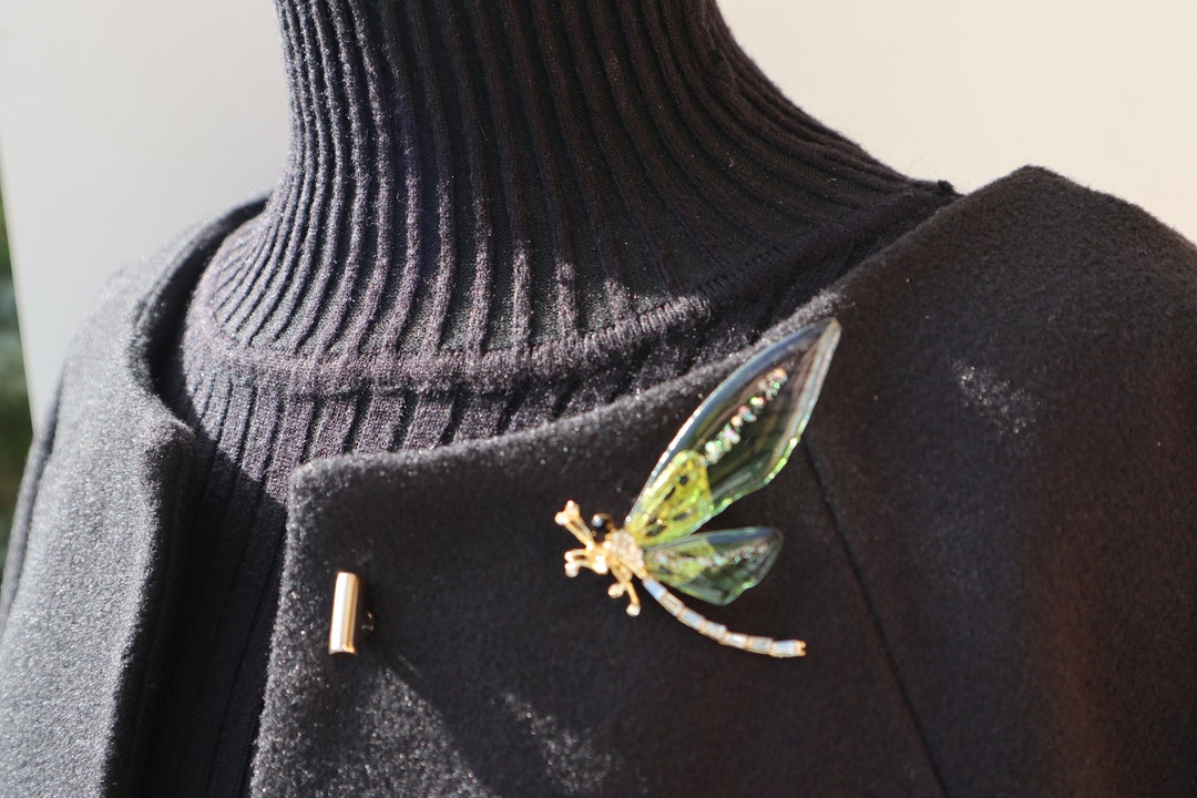Vintage Style Green Crystal Rhinestone Dragonfly Brooch Pin - Waving Wings, 3.74" Width