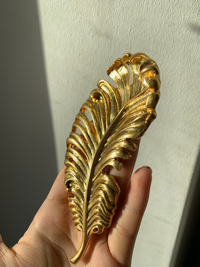 Broche Feuille En Alliage Doré Avec Cristal Ambré - Bijou Vintage Occasion Très Bon état