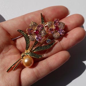 Pink Flower Brooch: Brass & Zircon Wedding Jewelry