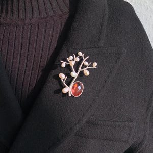Silver Tree Brooch: Red Zircon & Pearl Branch Pin