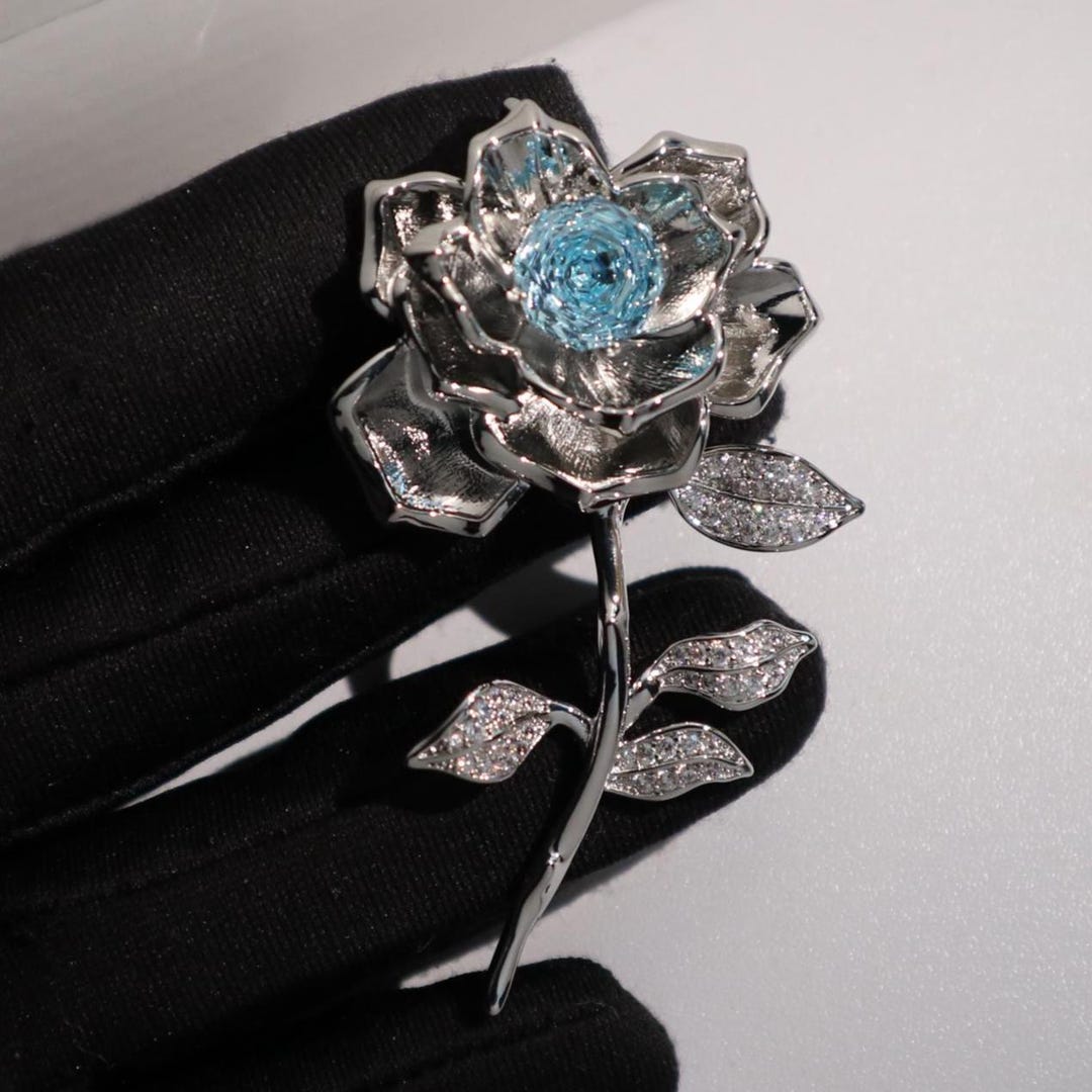 Rosa Flower Brooch Blue Sliver Colour Pin Christmas Gift - Etsy
