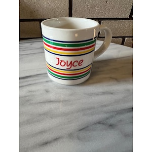Mt Clemens Pottery Joyce personlig kaffemugg vintage randig primärfärger