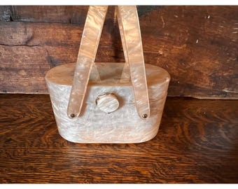 Vintage Wilardy Lucite Box Purse Pearlescent Marble Champagne 1950s Mid Century