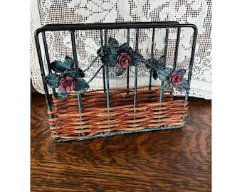 VTG Cottage Core Metal Wire Wicker Napkin Holder Letter Rack Rose Floral