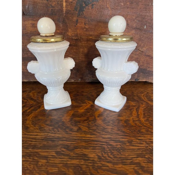 Vintage Avon Milk Glass Urn Decanter Set Silk & Honey Bath Foam Bottles Pair