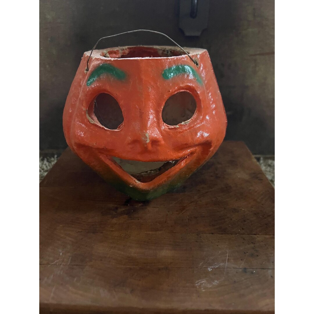 VTG 40s Halloween Paper Mache Pumpkin Candy Bucket Jack O Lantern Trick ...