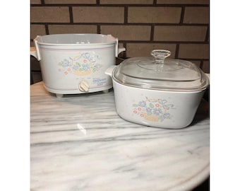 Vintage Rival Crock-Pot Corning Ware Country Cornflower Slow Cooker Pyrex Lid