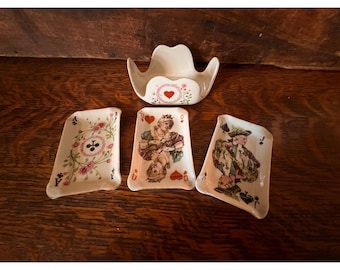 Vintage Japan Ceramic Bridge Set Playing Cards AshTrays Holder Queen Jack Ace