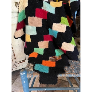 Vintage Handmade Knit Patchwork Throw Blanket Black Multi Color Geometric