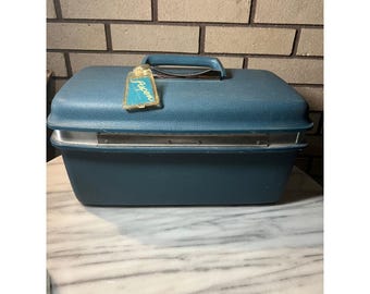 VTG Aspen by Samsonite JCPenney Train Case Teal Blue Hardshell Vanity Bag Key