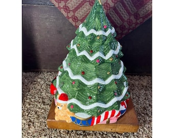 Tarro de galletas de cerámica con forma de árbol de Navidad musical de mayo de 1994, osito de peluche 5010