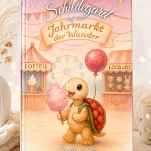 Könnte beinhalten: Ein gebundenes Buch mit dem Titel Schildegard auf dem Jahrmarkt der Wunder von Sandra Tach. Das Cover zeigt eine Comic-Schildkröte mit rosa Zuckerwatte und einem roten Luftballon vor Jahrmarktständen mit der Aufschrift Softeis und Losbude.