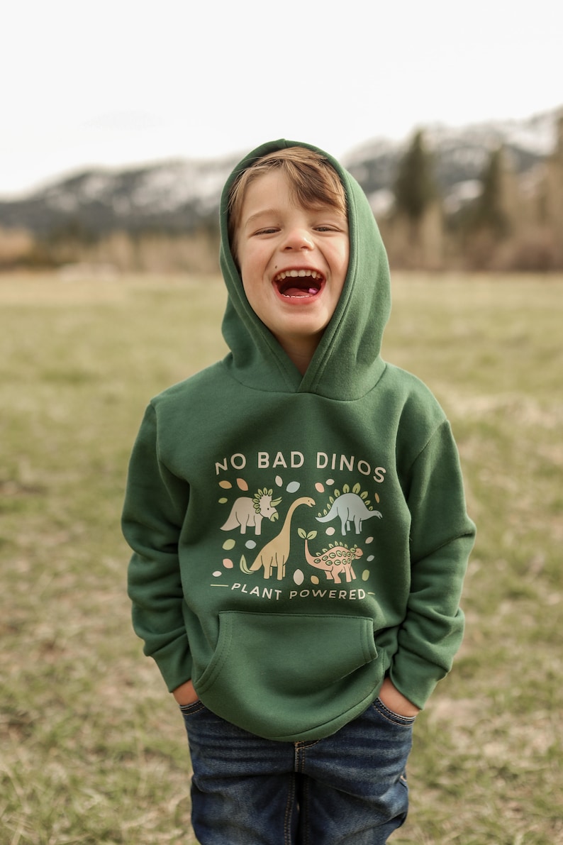 Girls/Boys Hoodie Dinosaur/Animal Inspired Graphic Ethically Sourced Clothing. Choice of Colors image 1