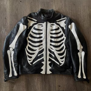 Men&#39;s Leather Jacket Motorcycle Skeleton Biker Genuine Cow Leather Jacket