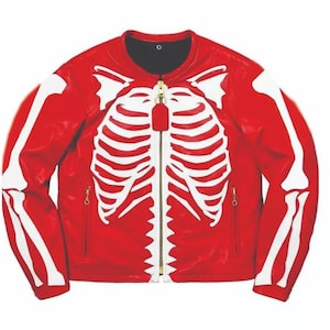 Men&#39;s Leather Jacket Motorcycle Skeleton Biker Genuine Cow Leather Jacket & Pant