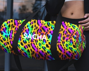 Personalized Neon Rainbow Leopard Print Gym Bag, Duffle Bag, Weekender Bag, Custom Travel Bag, Monogrammed Bag, Sport Bag, Cheetah Gym Bag