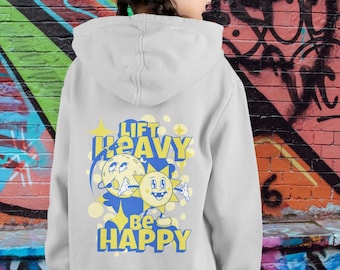Lift Heavy Be Happy Hoodie, Gym Pump Cover, Gym Lover Gift, Weightlifting Hoodie, Retro Gym Hoodie, Gym Gift, Funny Gym Hoodie, Gym Rat Gift