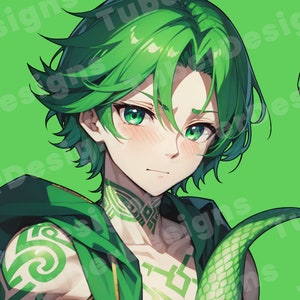 K&ouml;nnte beinhalten: Eine digitale Illustration eines jungen Menschen mit gr&uuml;nen Haaren und Augen. Er tr&auml;gt ein gr&uuml;nes Kapuzenhemd und hat gr&uuml;ne Tattoos auf seinen Armen und seinem Hals. Der Hintergrund ist einfarbig gr&uuml;n.