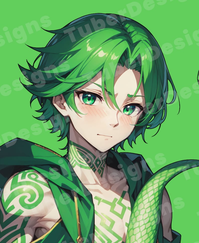 K&ouml;nnte beinhalten: Eine digitale Illustration eines jungen Menschen mit gr&uuml;nen Haaren und Augen. Er tr&auml;gt ein gr&uuml;nes Kapuzenhemd und hat gr&uuml;ne Tattoos auf seinen Armen und seinem Hals. Der Hintergrund ist einfarbig gr&uuml;n.