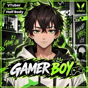 May include: A digital illustration of a character with spiky dark hair and green eyes, wearing a white and black hoodie. The image features text that reads VTuber, Half Body, GAME ON, GOOD VIBES, and GAMER BOY, accompanied by a game controller icon.