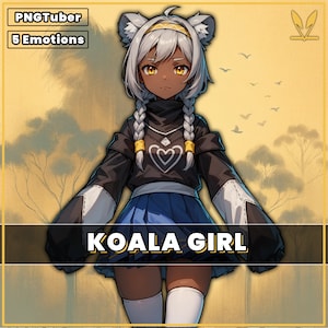 May include: A digital illustration of a cartoon girl with white fur ears and a white headband. She is wearing a black and white sweater with a heart design, a blue skirt, and white socks. The background is a yellow gradient with trees and birds.