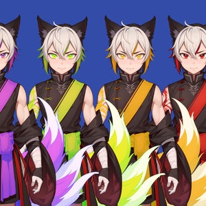May include: Four digital illustrations of a young man with white hair, fox ears, and a black and red outfit. Each illustration features a different colored fox tail: purple, green, yellow, and red.