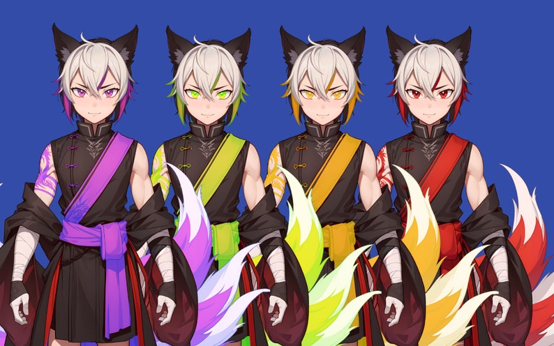 May include: Four digital illustrations of a young man with white hair, fox ears, and a black and red outfit. Each illustration features a different colored fox tail: purple, green, yellow, and red.