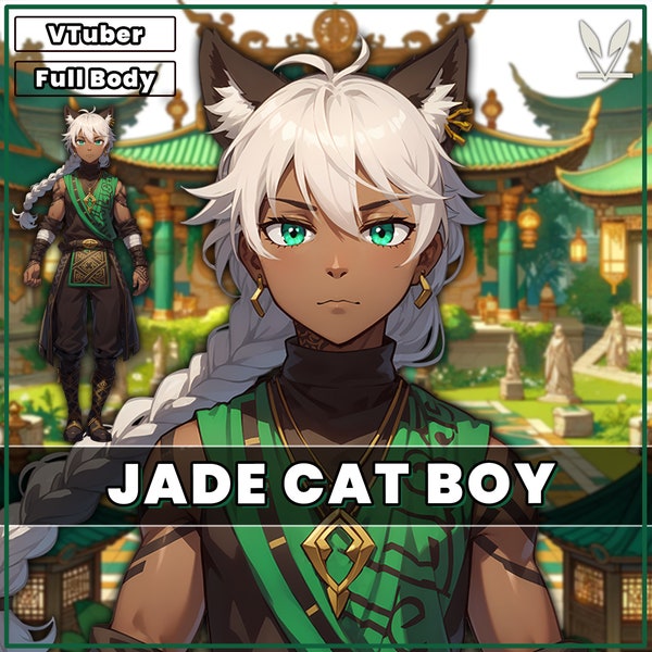 VTuber - Jade Cat Boy for vtube studio as a cool green, gold full body vtuber animal male live2d model