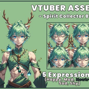 Op de afbeelding: Digitale illustratie van een anime-personage met groen haar, hertengewei en kattenoren. Het personage heeft vijf verschillende gezichtsuitdrukkingen: blij, boos, neutraal, verdrietig en verlegen. De tekst "VTUBER ASSET - Spirit Collector Boy" en "5 Expressions! (Happy, Mad, Neutral, Sad, Shy)" is ook in de afbeelding opgenomen.