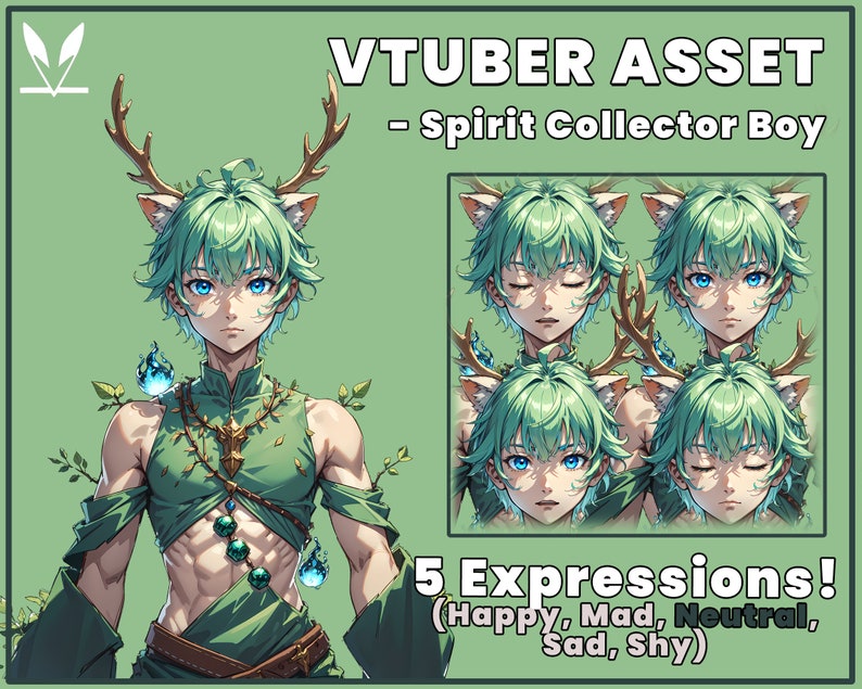 Op de afbeelding: Digitale illustratie van een anime-personage met groen haar, hertengewei en kattenoren. Het personage heeft vijf verschillende gezichtsuitdrukkingen: blij, boos, neutraal, verdrietig en verlegen. De tekst "VTUBER ASSET - Spirit Collector Boy" en "5 Expressions! (Happy, Mad, Neutral, Sad, Shy)" is ook in de afbeelding opgenomen.