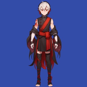 May include: A young person with white hair and red eyes wearing a black and red outfit with a long, flowing robe. The person is standing against a blue background.