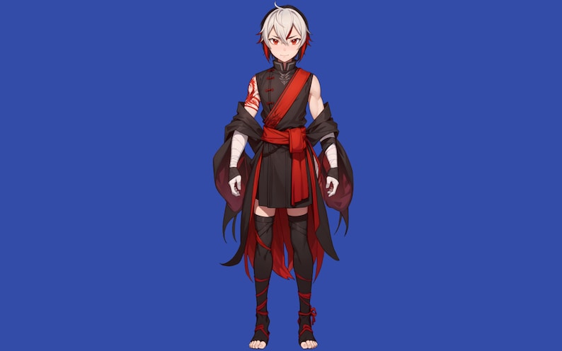 May include: A young person with white hair and red eyes wearing a black and red outfit with a long, flowing robe. The person is standing against a blue background.