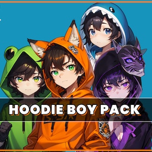 Hoodie Boys PNGTuber Combo Starter Pack all with 5 Emotions | Frog, Shark, Fox And Shinigami | premade pngtuber model asset tuberdesigns