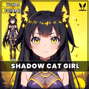 Premade Live 2D VTuber Model - Schatten Katzenmädchen für Vtube Studio als süßes gelbes, dunkelblauen Ganzkörper Vtuber Tier weiblich kommerziell genutzt