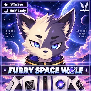 Pode incluir: Uma ilustração digital de um personagem lobo com olhos azuis, vestindo uma jaqueta branca e azul com emblemas de temática espacial. O texto diz VTuber, Half Body, Explore Create Be You, Another World Awaits e Furry Space Wolf.