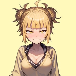 May include: A young woman with long, bright yellow hair styled in two buns, wearing a yellow sweater with a navy blue collar and a white shirt underneath. She has a mischievous smile on her face.