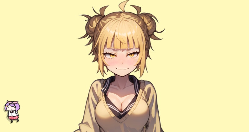 May include: A young woman with long, bright yellow hair styled in two buns, wearing a yellow sweater with a navy blue collar and a white shirt underneath. She has a mischievous smile on her face.