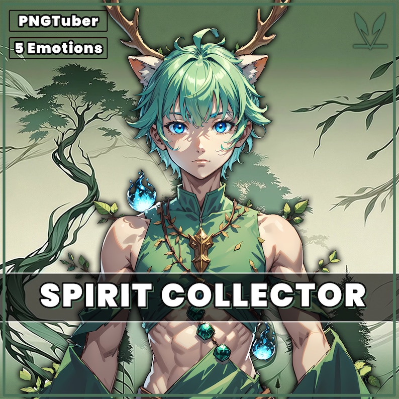 Op de afbeelding: Een digitale illustratie van een groenhuidig ​​anime-personage met gewei en kattenoren. Het personage draagt ​​een groene en gouden outfit met wijnstokken en bladeren. Het personage wordt omringd door een groene en bruine achtergrond met bomen en wijnstokken. De tekst "SPIRIT COLLECTOR" staat onderaan de afbeelding.
