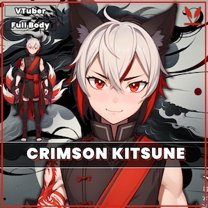 Mannelijk premade VTuber-model - Crimson Kitsune Boy voor vtube studio als een coole, aanpasbare, gekleurde full body vtuber mannelijke 2d vtuber
