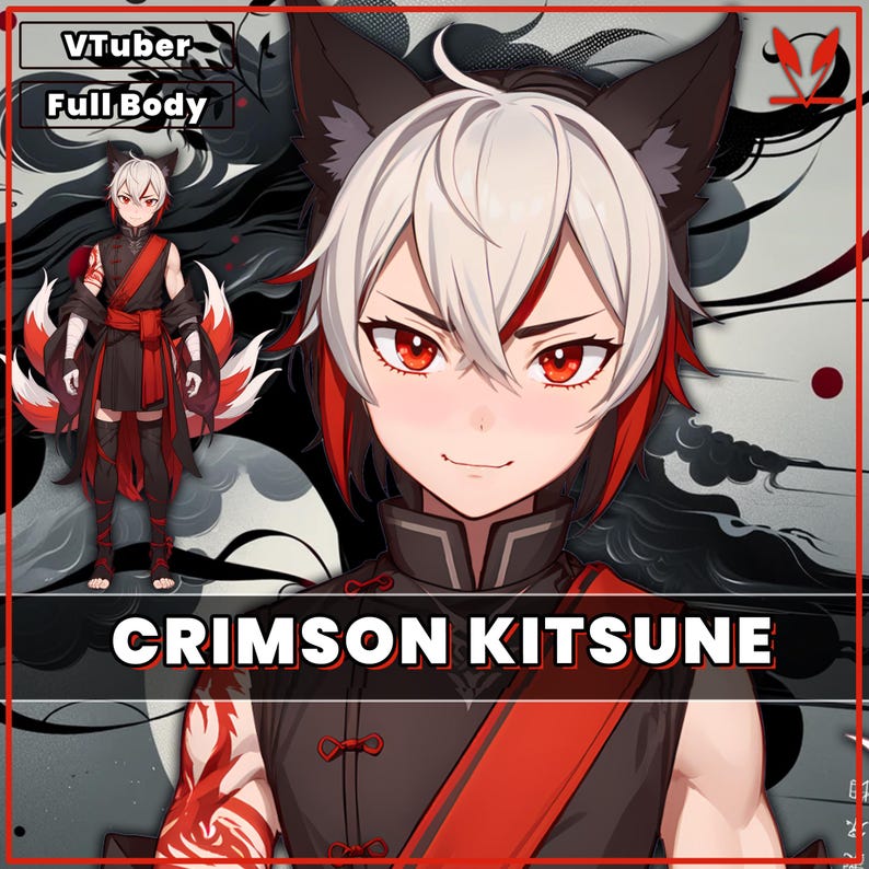 May include: A digital illustration of a white-haired anime character with red eyes and fox ears. The character is wearing a black and red outfit with a red sash. The text "CRIMSON KITSUNE" is displayed below the character.
