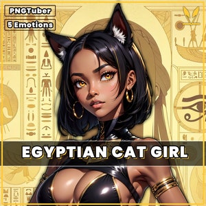 PNGTuber Egyptisch kattenmeisje met 5 emoties | premade pngtuber girl png model asset tuberdesigns voor veadotube