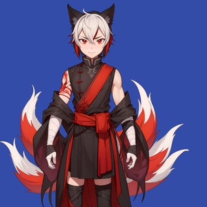 May include: A white-haired anime character with red eyes and fox ears, wearing a black and red outfit with a red sash. The character has a white and red fox tail.