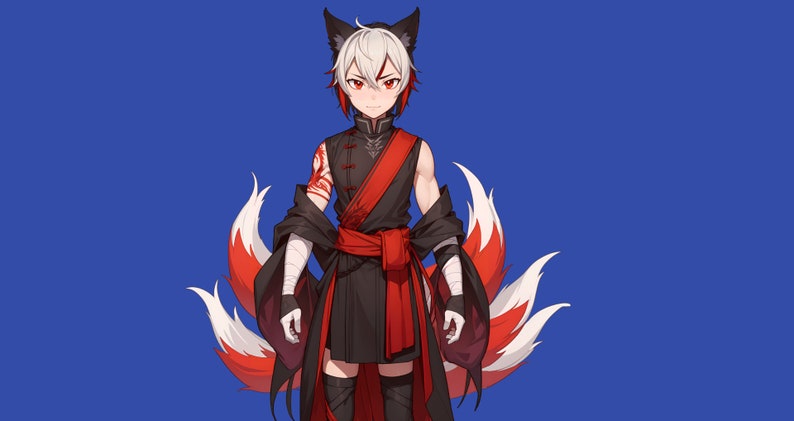 May include: A white-haired anime character with red eyes and fox ears, wearing a black and red outfit with a red sash. The character has a white and red fox tail.