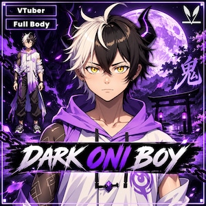 Könnte beinhalten: Eine digitale Illustration einer Figur mit schwarz-weißem Haar, gelben Augen und dunklen Hörnern. Die Figur trägt ein weiß-violettes Kapuzenoberteil mit Knebelverschluss. Text liest VTuber Full Body und DARK ONI BOY.