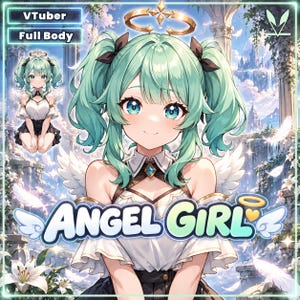 Puede incluir: Un personaje de estilo anime con cabello verde menta en coletas, un halo dorado y alas blancas. El personaje viste una blusa blanca con cuello oscuro y una falda oscura. El texto dice VTuber Full Body y ANGEL GIRL con un icono de corazón.
